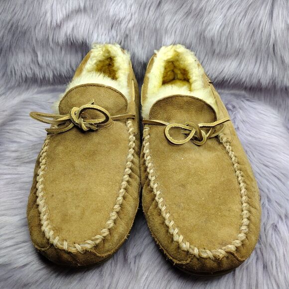 LL Bean Men's Brown Suede Wicked Good Shearling Lined Slipper Moc II Size 14 - Picture 3 of 8